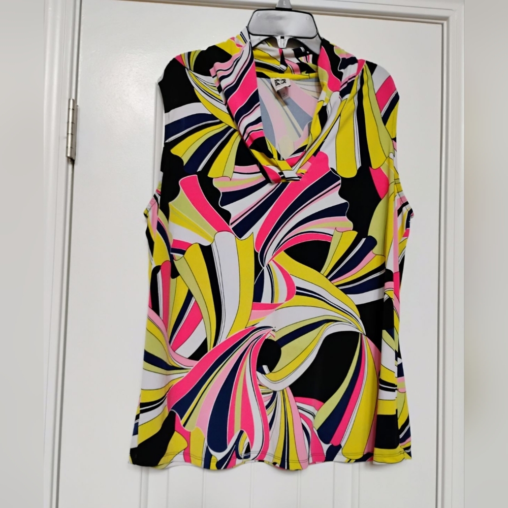 Anne klein Pleaded Neck Free Flow Blouse Multi Color Sz-1X